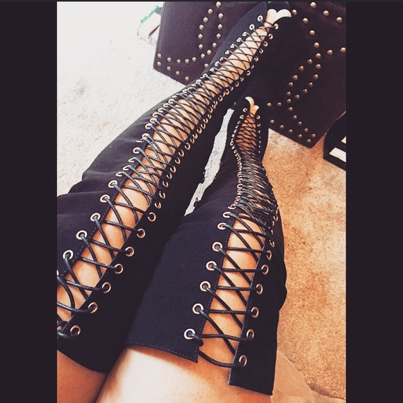 Black Lace-Up Over the Knee Boots - Picture 1 of 4